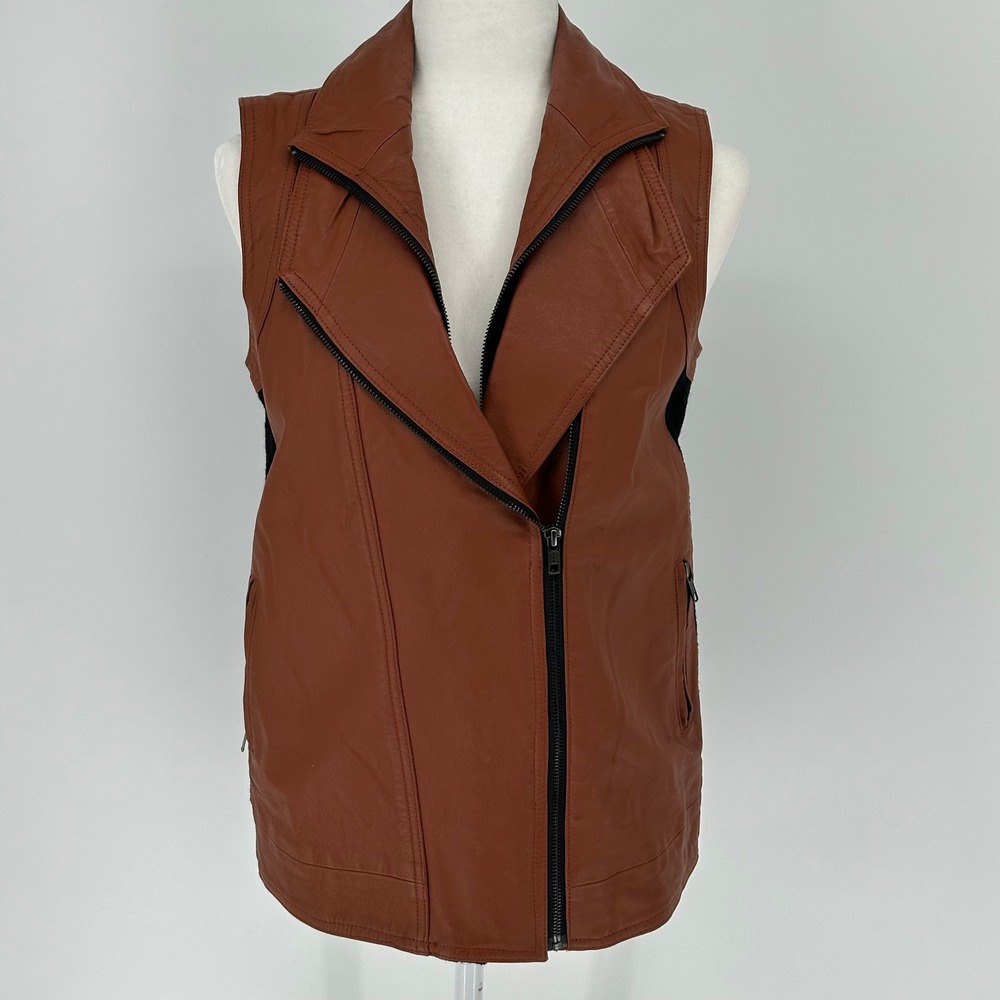 Mural Leather Wool‎ Moto Vest Brown Black Asymmetrical Double Zip S Streetwear